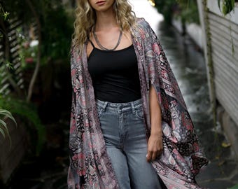 Black & Pink Boho Chic Stylish Kimono Robe, Silky Flared Oversized Kimono Festival Summer Cover Up