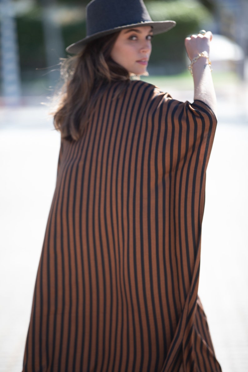 Brown Black Striped Oversize Summer Kaftan Dress, Bohemian Trendy Buttoned Down Caftan Maxi Dress with Pockets image 3