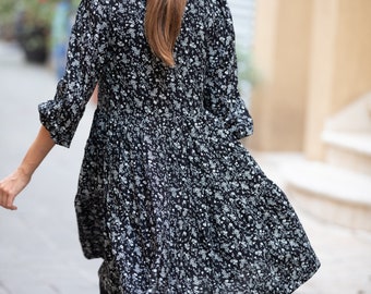 Black & White Floral Oversize Formal Dress for Women, Long Puffed Sleeves  Short Winter Dress, Knee Length Tiered lorie Dress 