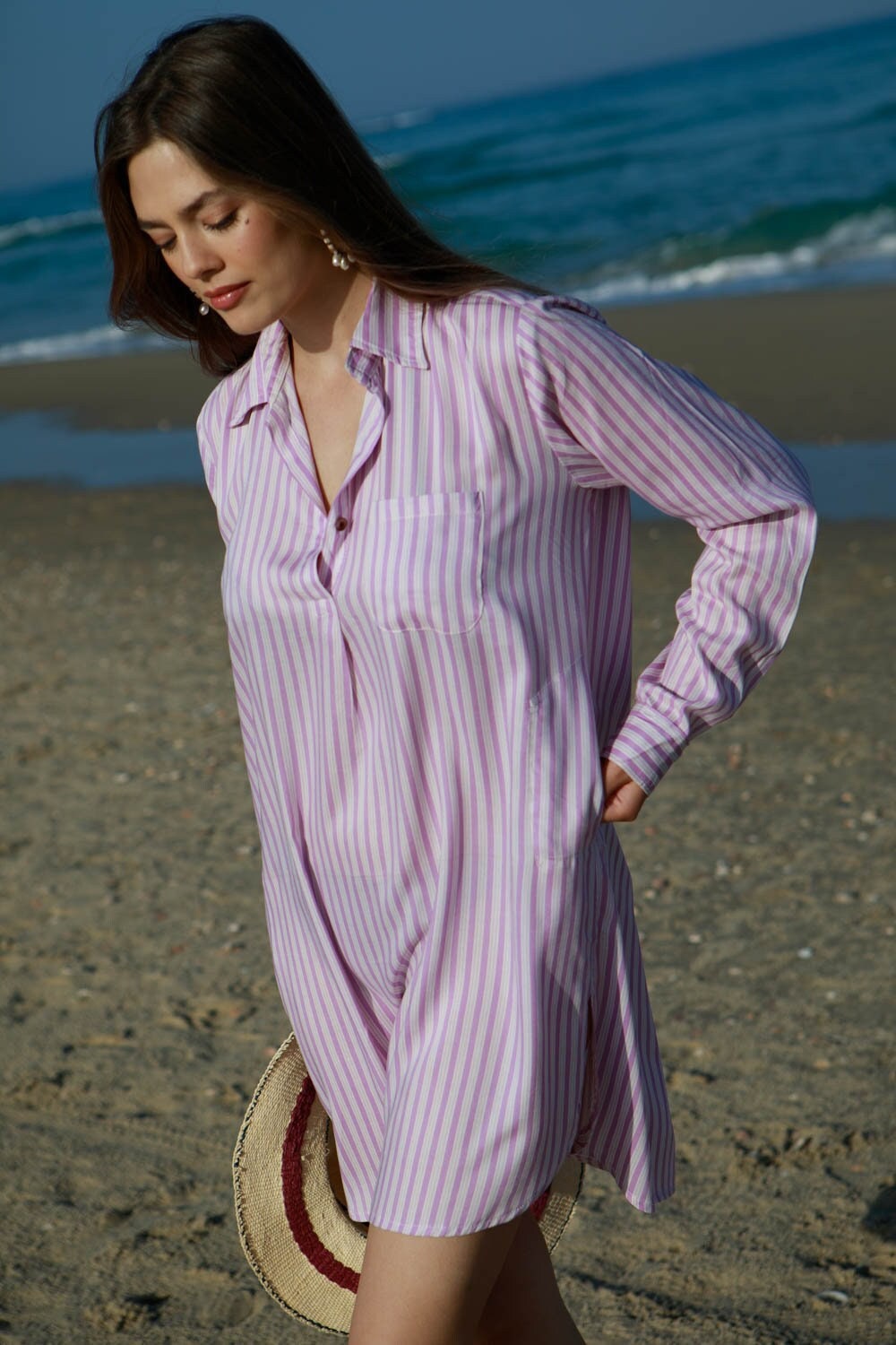 purple striped shirt dress SnnmBlm Womens Striped Button Down Midi Shirt Dress Casual Loose Cuffed Long Sleeve Mid Long Dresses Purple M