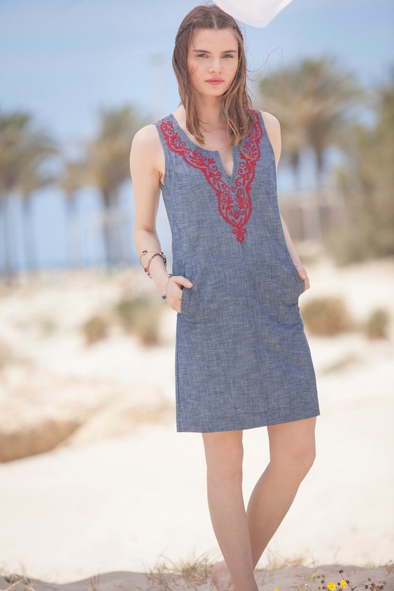 Jeans Short Summer Dress, Tribal Jeans Dress ,jeans Embroidery Dress, Short  Denim Dress, With Pockets, Shirt Casual Embroidered Donna Dress -   Canada