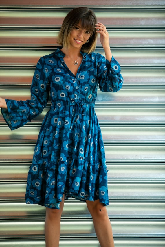 Blue Floral Buttoned up Winter Dress, Fit and Flare Long Sleeves