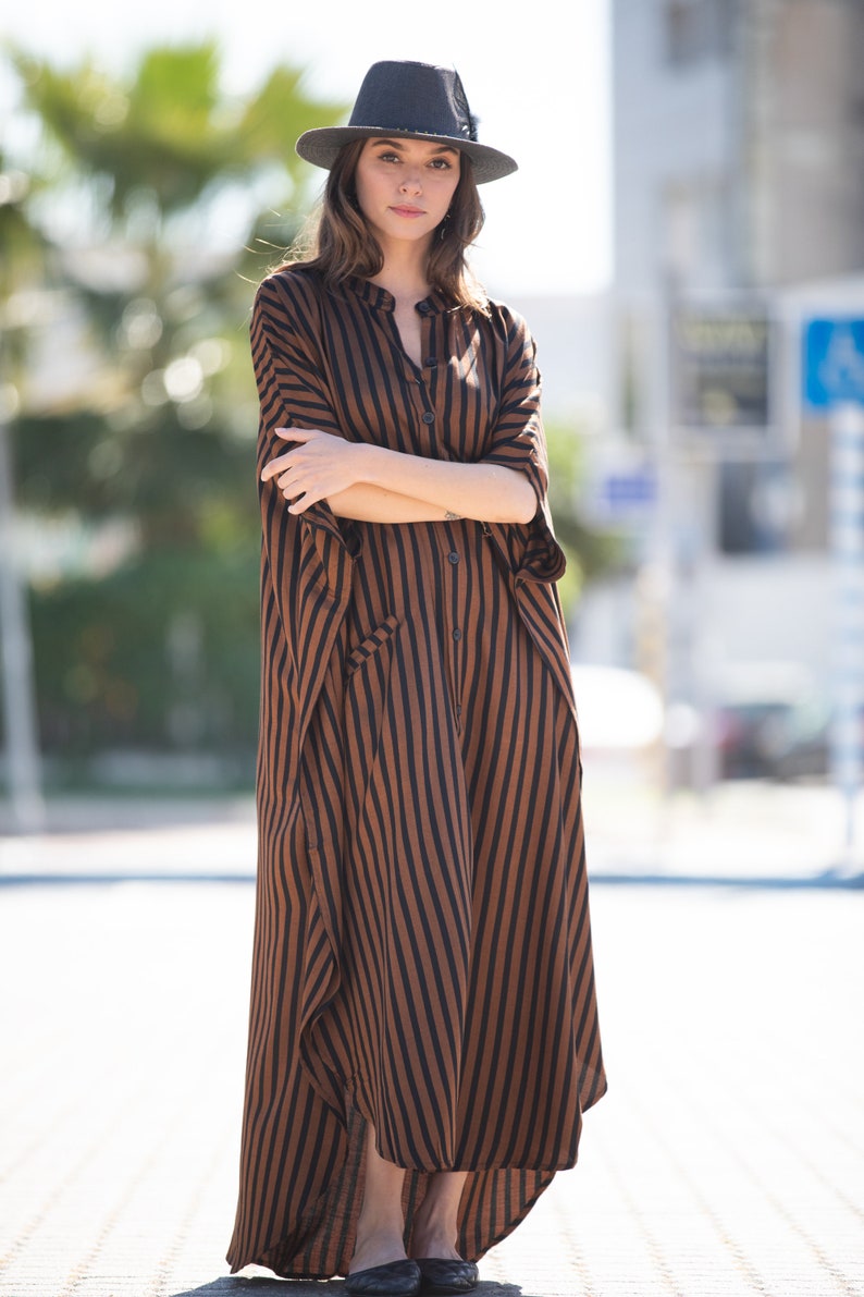 Brown Black Striped Oversize Summer Kaftan Dress, Bohemian Trendy Buttoned Down Caftan Maxi Dress with Pockets image 2