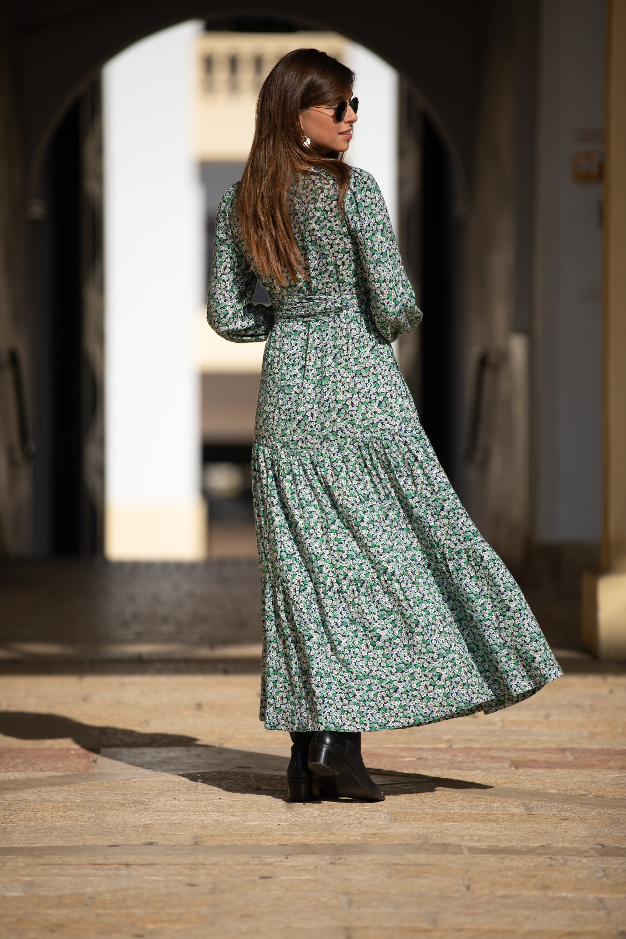 Green Floral Rayon Maxi Dress: Boho Chic Wrap Dress