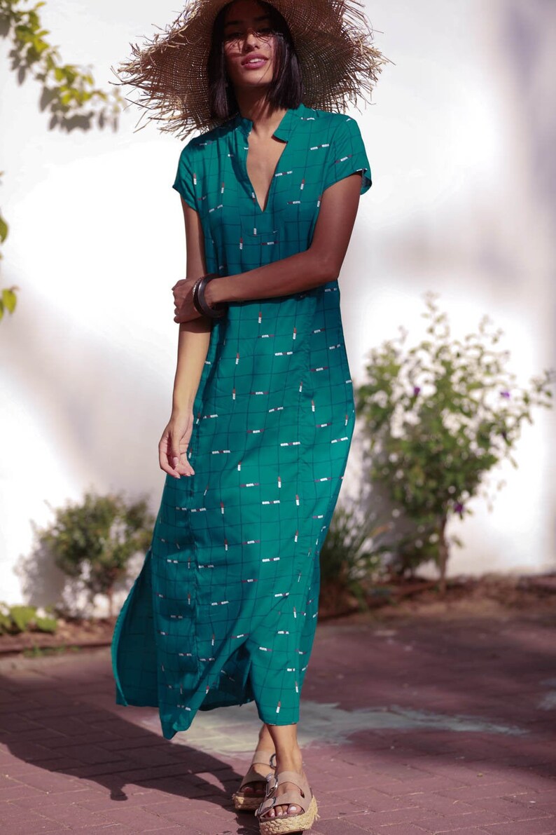 Boho Rayon Loose Nur Dress Turquoise Kaftan Maxi Dress Ethnic Casual Light Summer Caftan Dress with Pockets