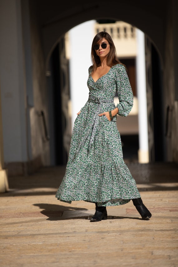 Women's Green Floral Wrap Maxi Dress, Fit and Flare Bohemian Urban Winter  Dress, Puffed Sleeves Maxi Dress, Maxi Dress With Pockets 