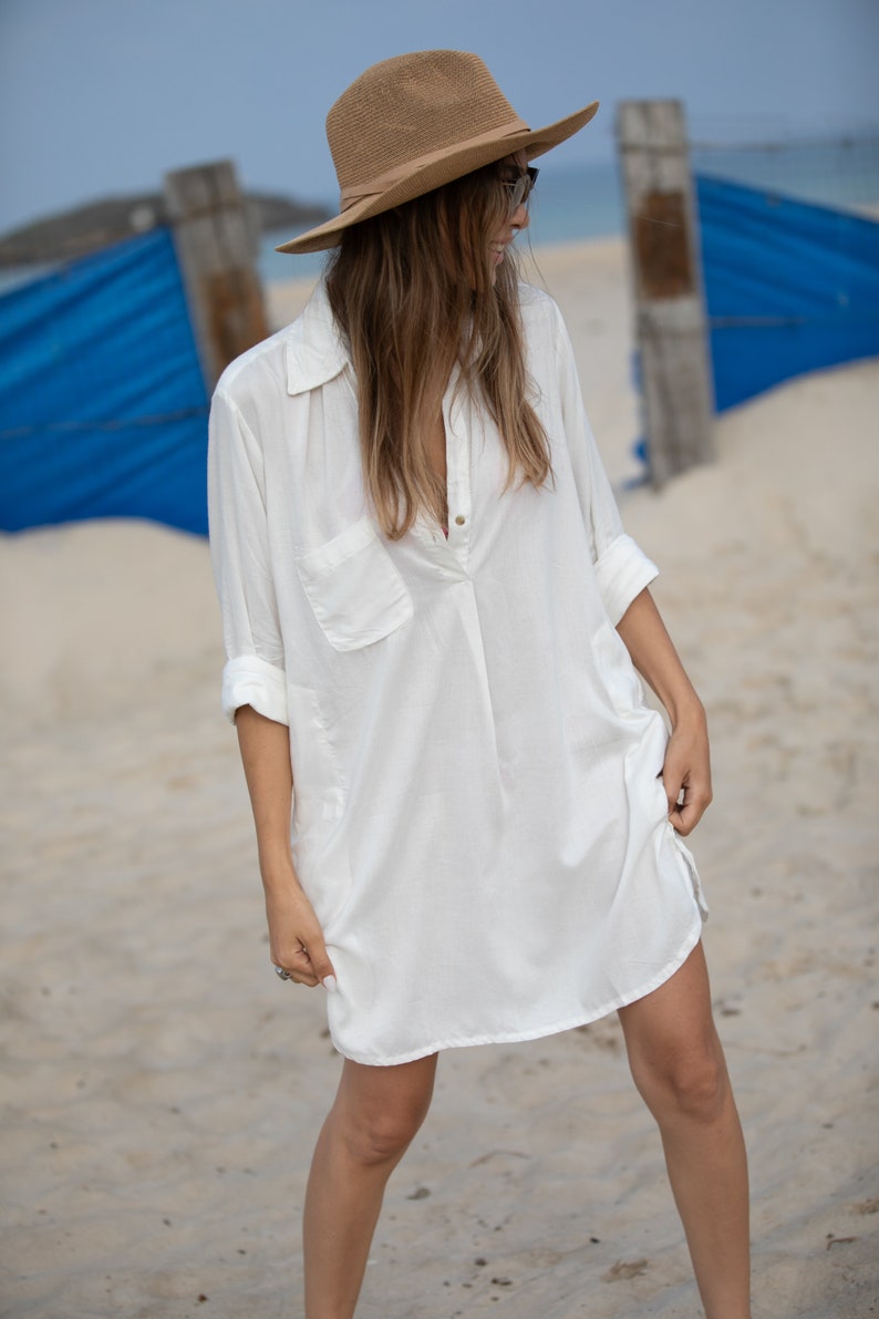 Cream Beach Tunic Dress, Long Sleeves Cover Up Dress, Shirt Collared Dress for Women, Vacation Resort Long Sleeves Dress image 4