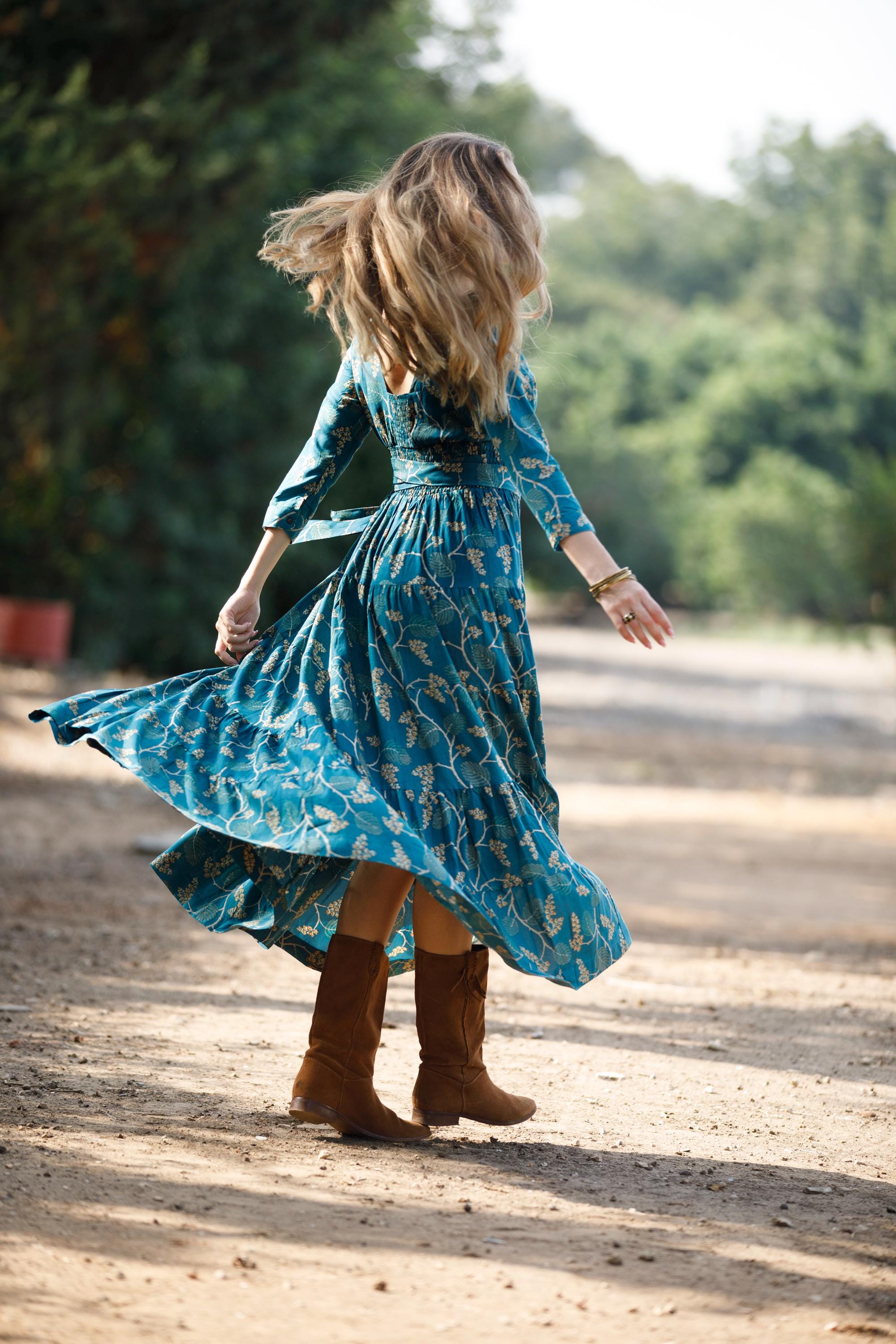 bohemian empire dress Green Rayon Maxi Dress: Bohemian Empire Waist Long Sleeve Wrap