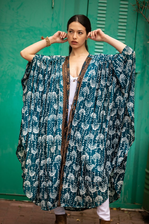 Teal Blue Bohemian Kimono Robe: Silky Oversize Wrap Cardigan
