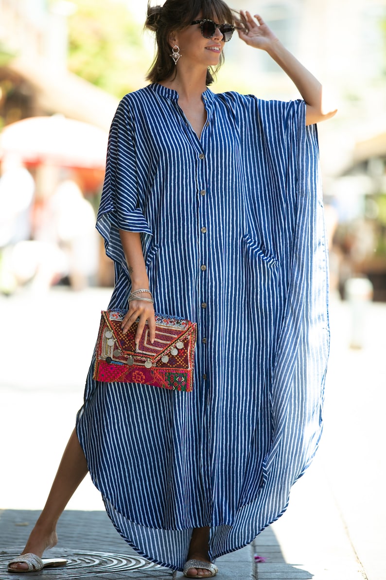 Blue & White Striped Oversize Kaftan Dress, Bohemian Hipster Buttoned Caftan with Pockets, Summer Urban Vacation Hippie Plus size Maxi Dress 