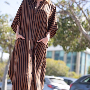 Brown Black Striped Oversize Summer Kaftan Dress, Bohemian Trendy Buttoned Down Caftan Maxi Dress with Pockets image 9