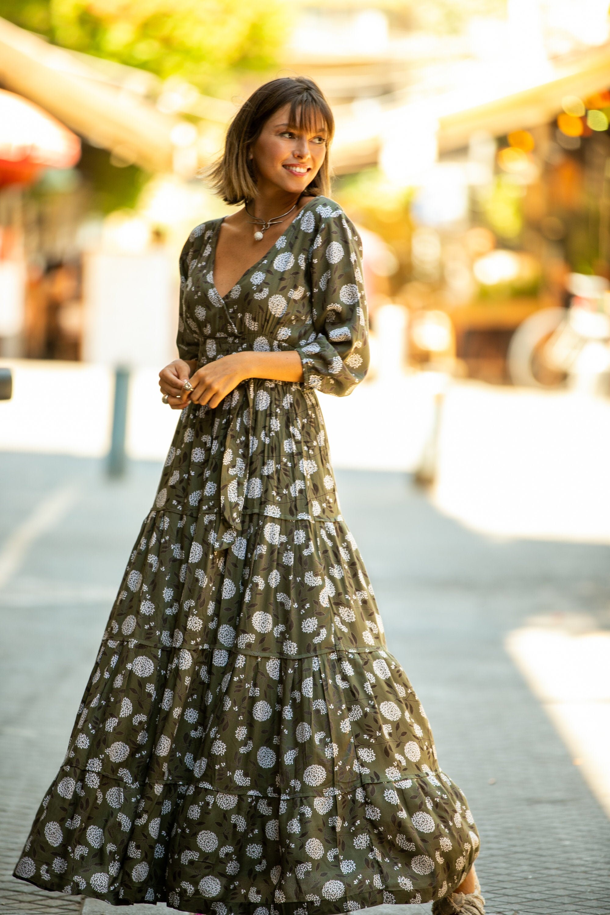 Long Sleeves Sage Green Maxi Dress 