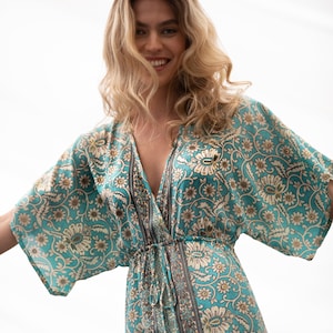 Turquoise Gold Floral Silky Kaftan Summer Dress, Women Resort Vacation Beach Dress, Long Ethnic Bohemian Loose High Waist Draw String Dress image 9