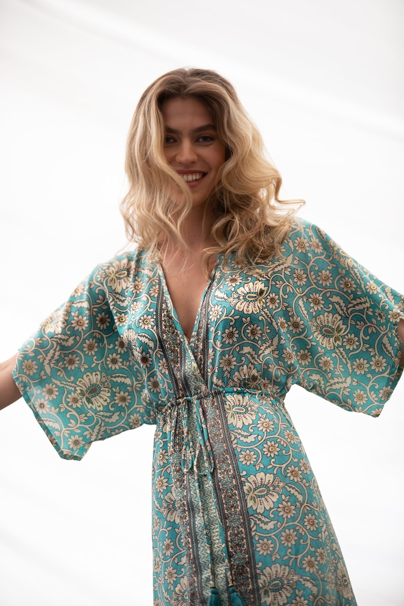 Turquoise Gold Floral Silky Kaftan Summer Dress, Women Resort Vacation Beach Dress, Long Ethnic Bohemian Loose High Waist Draw String Dress image 9