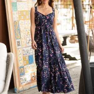 Dark Blue Floral Bohemian Summer Mid-Calf Dress, Sleeveless Isabella Circle Dress with Pockets, Fit and Flared High Waist Sundress image 6