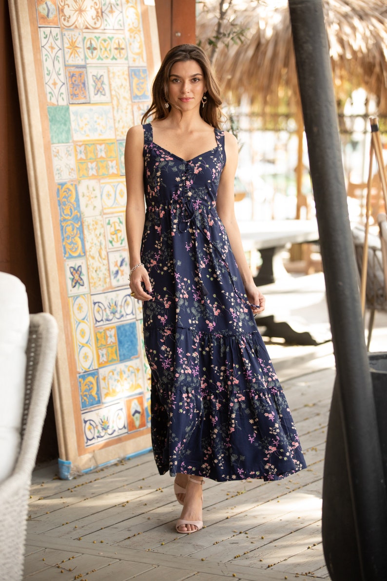 Dark Blue Floral Bohemian Summer Mid-Calf Dress, Sleeveless Isabella Circle Dress with Pockets, Fit and Flared High Waist Sundress image 6