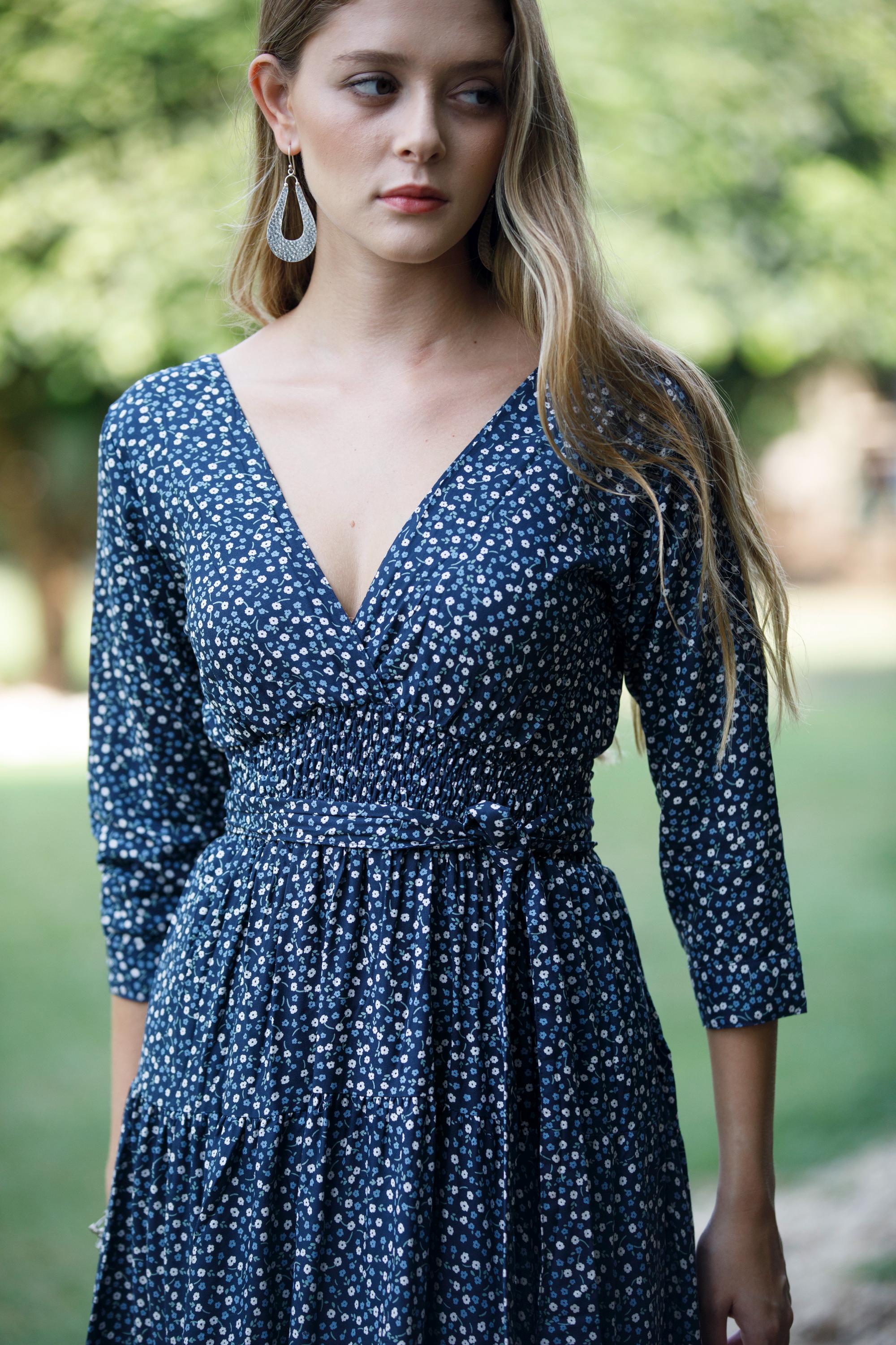 Blue Floral Wrap Maxi Dress: Bohemian Rayon Long Sleeve Gown - Etsy