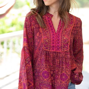 Red Bordeaux Bohemian Ethnic Puffed Sleeves Oversize Top for Women, Long Sleeves Paisley Print Blouse image 2