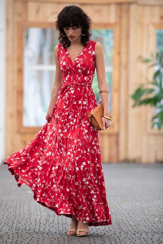 Dark Red Floral Boho Chic Summer Maxi Dress, Women Empire Waist Sundress,  Every-day / Special Occasion Sleeveless Ruffle carrie Dress -  Canada