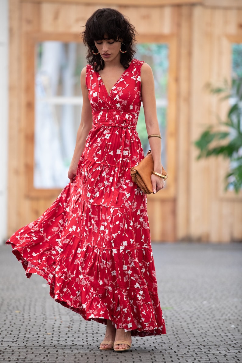 Dark Red Floral Boho Chic Summer Maxi Dress, Women Empire Waist Sundress, Every-Day / Special Occasion Sleeveless Ruffle Carrie Dress image 1