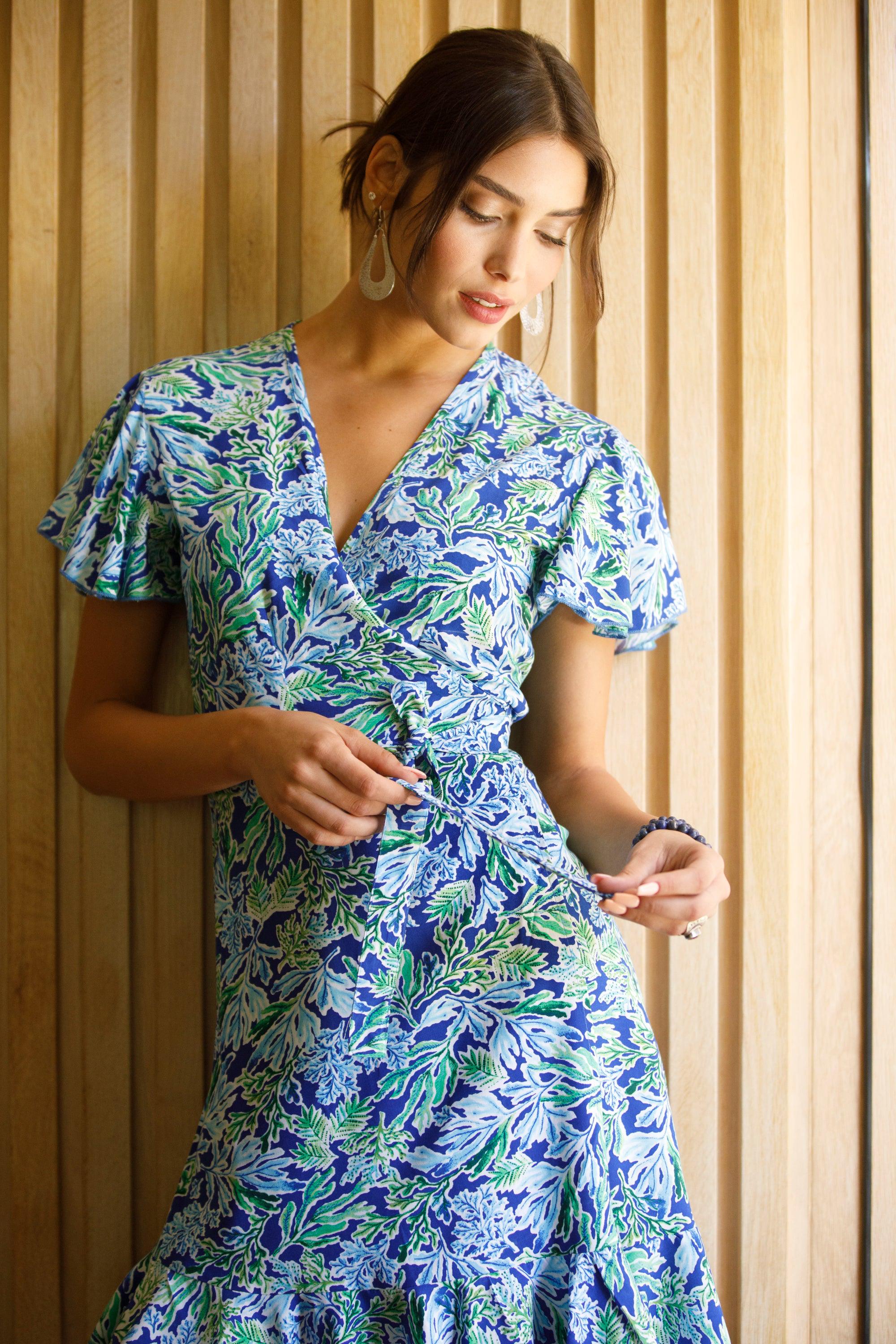 floral blue wrap dress Timorea Wrap Dress  Bold Blue Floral Ankara Elegance