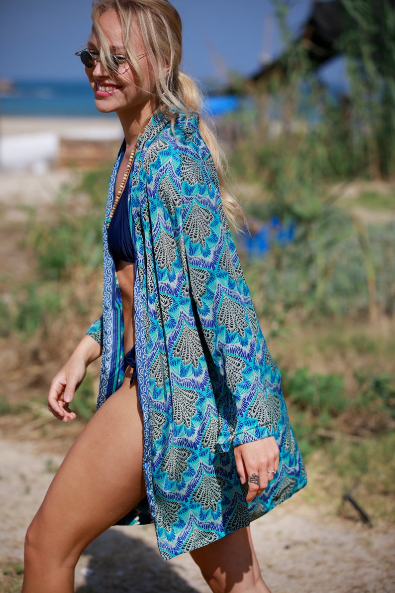 Colorful Blue Boho Chic Lightweight Double-Sided Kimono Cardigan, Autumn Reversible Cover-Up, Casual Flare oversize jacket, Wide Sleeve Robe image 4