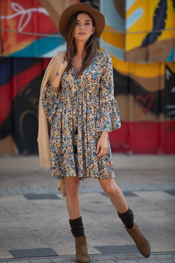 Taupe Light Blue Allover Floral Print 3 