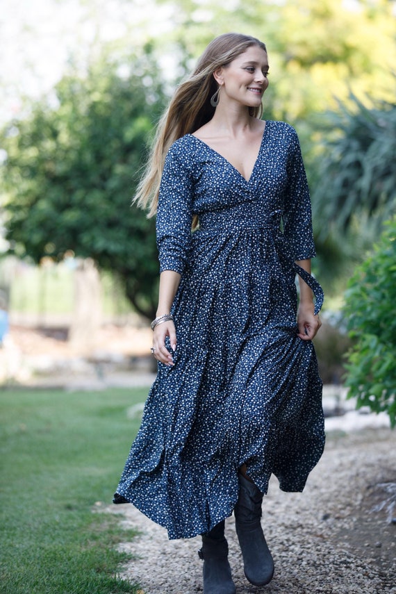 blue wrap maxi dress Navy Blue Linen Wrap Dress, Long Sleeve Maxi Dress, V-Neck, Custom, Xiaolizi 6301