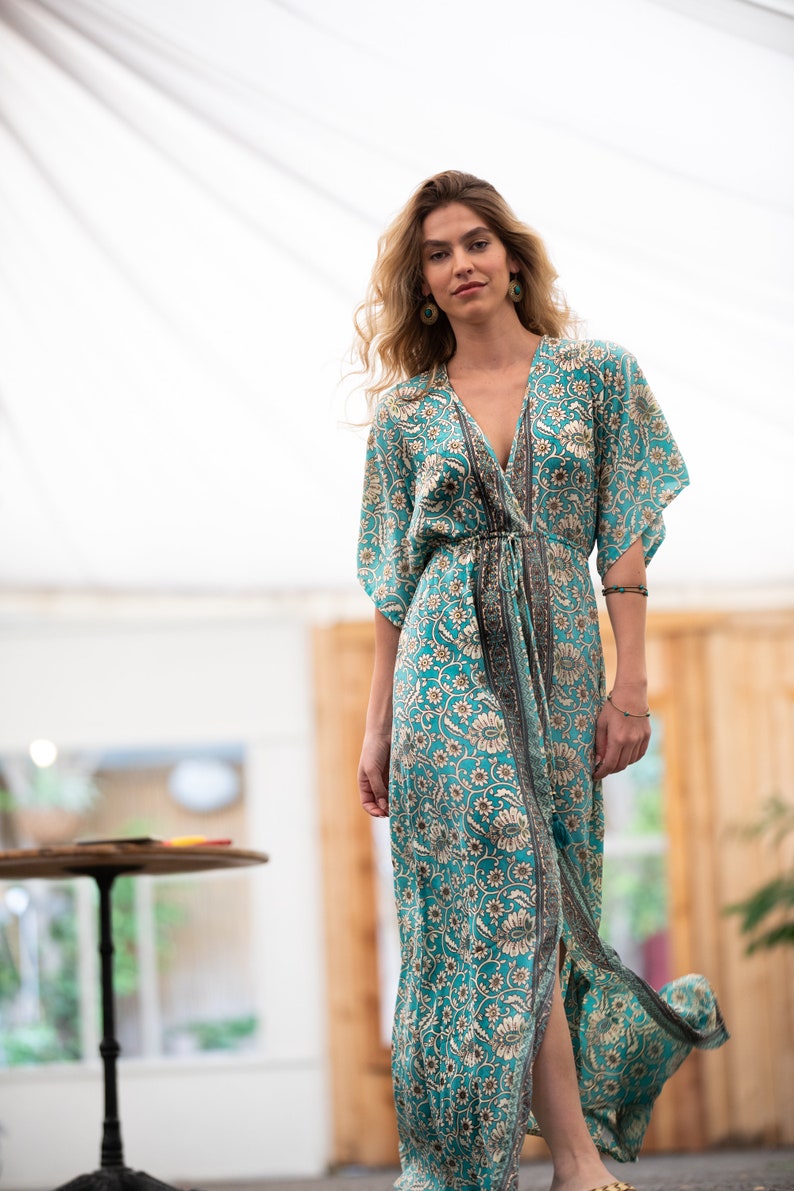 Turquoise Gold Floral Silky Kaftan Summer Dress, Women Resort Vacation Beach Dress, Long Ethnic Bohemian Loose High Waist Draw String Dress image 5