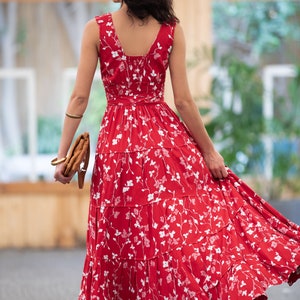 Dark Red Floral Boho Chic Summer Maxi Dress, Women Empire Waist Sundress, Every-Day / Special Occasion Sleeveless Ruffle Carrie Dress image 7