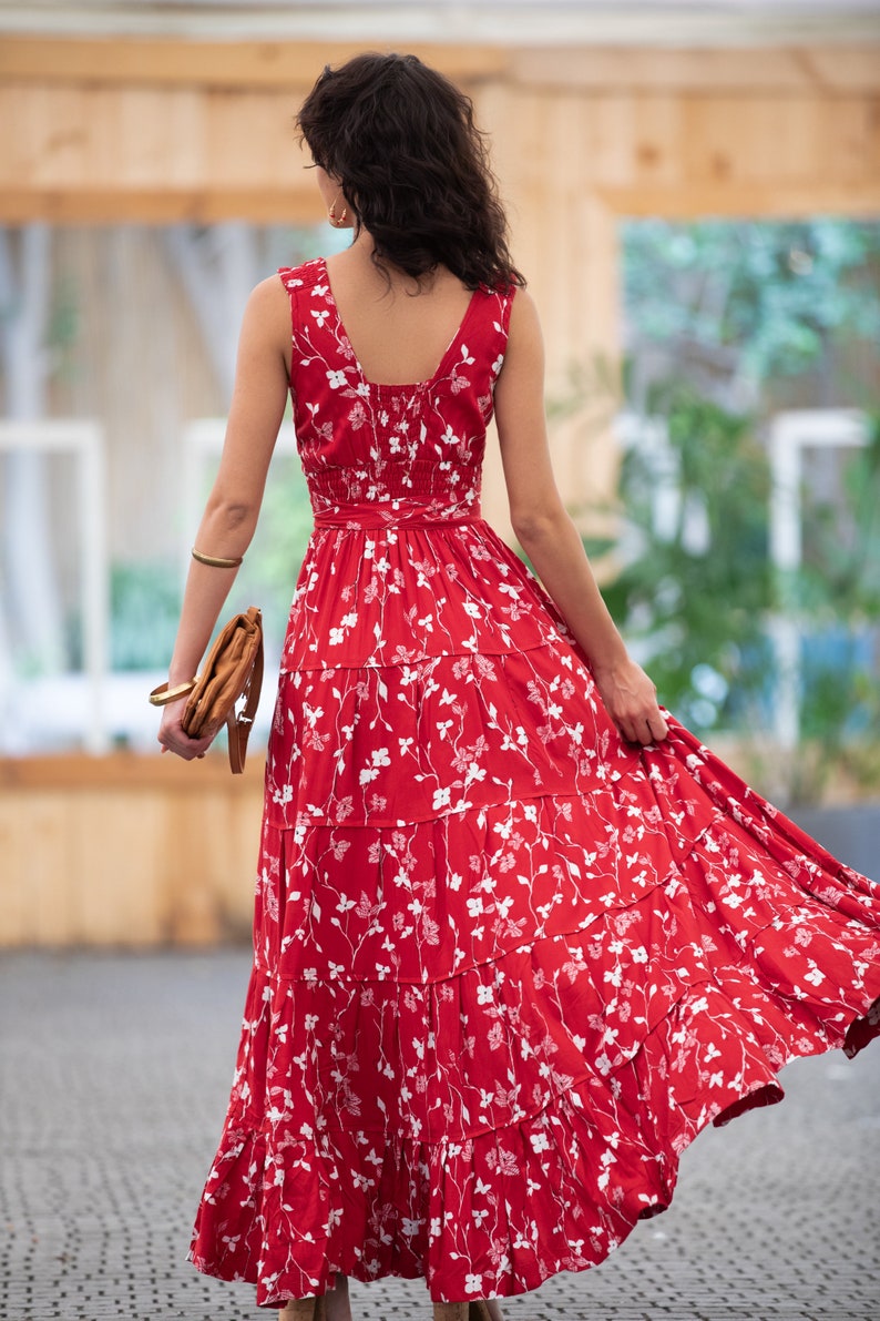 Dark Red Floral Boho Chic Summer Maxi Dress, Women Empire Waist Sundress, Every-Day / Special Occasion Sleeveless Ruffle Carrie Dress image 7