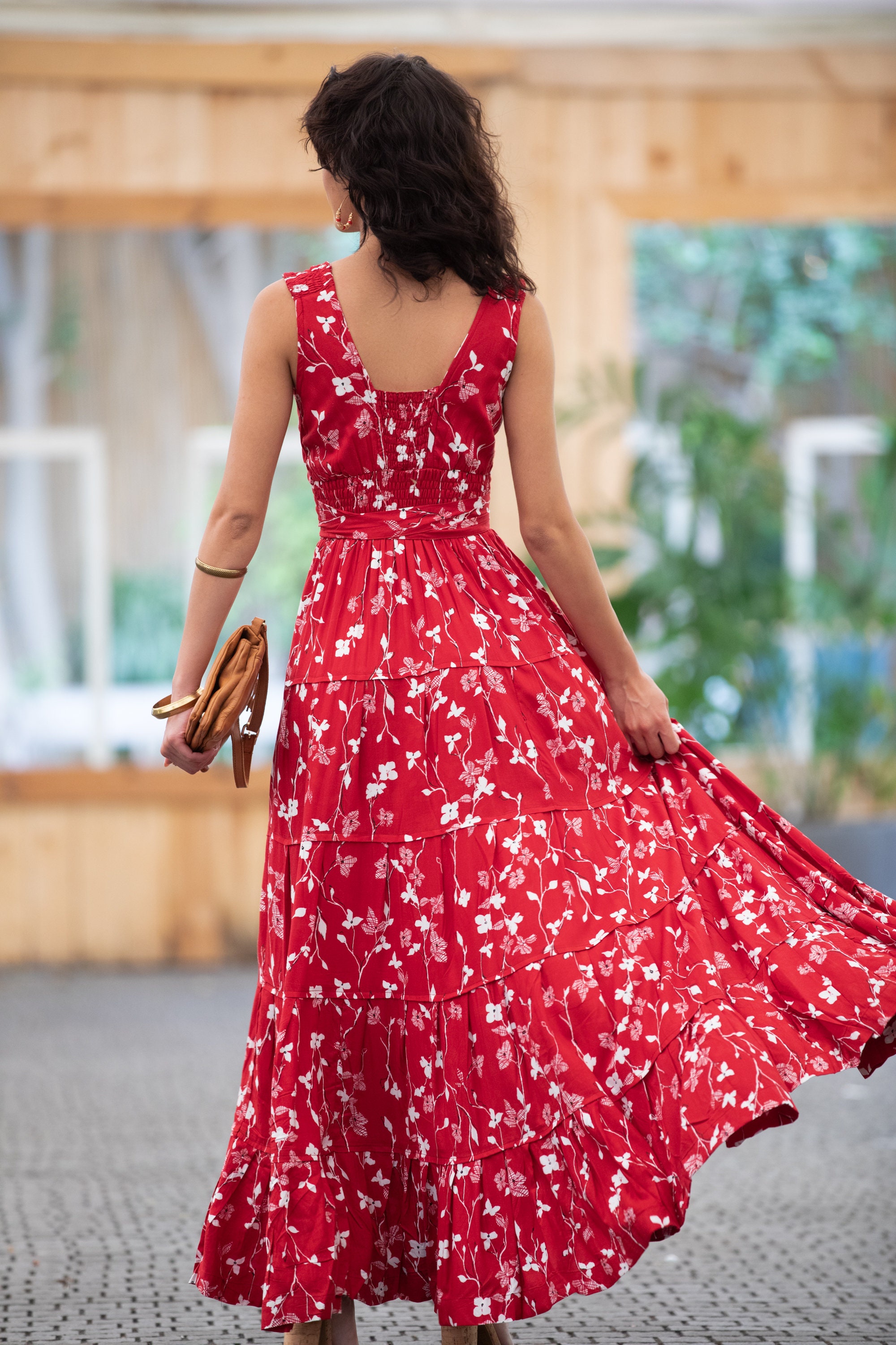 Dark Red Floral Boho Chic Summer Maxi Dress Women Empire Waist