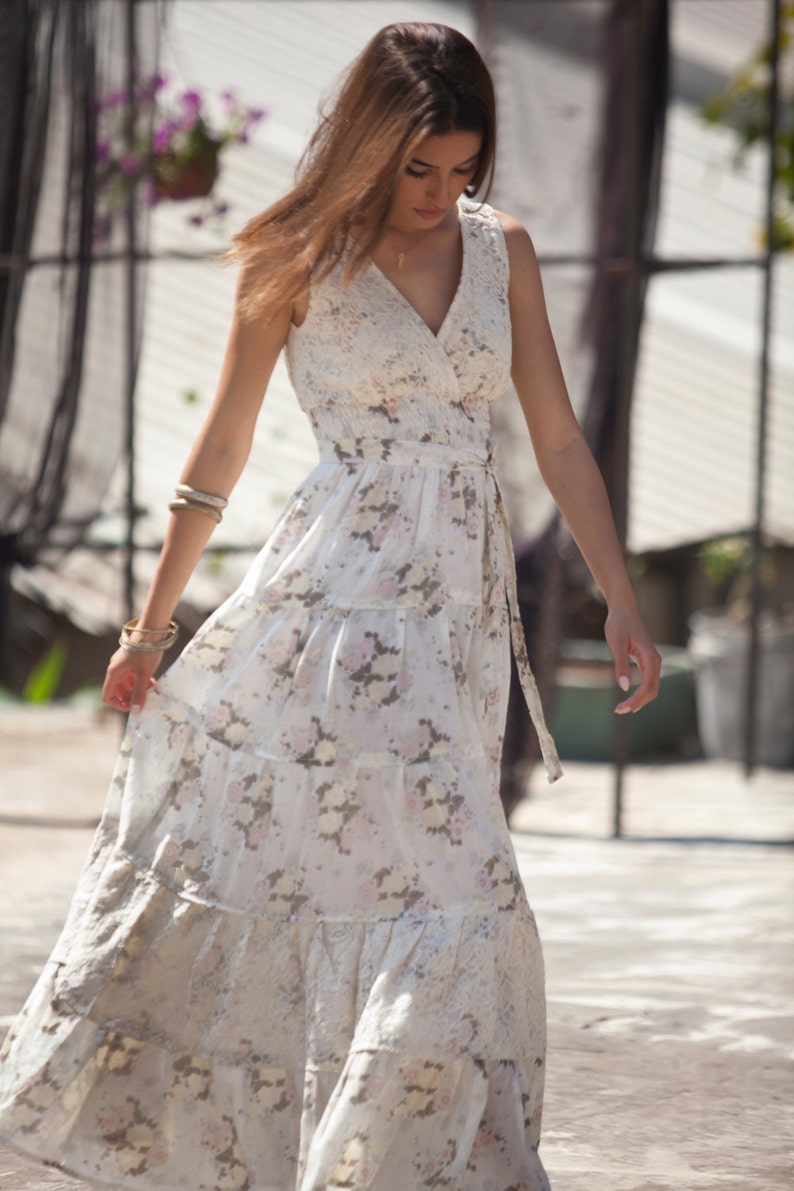 Cream Maxi Dress, Hippie Urban Evening & Day Summer Dress, Boho Unique Long Carrie Dress, Romantic Flower Cotton Maxi Dress, size S XL image 2