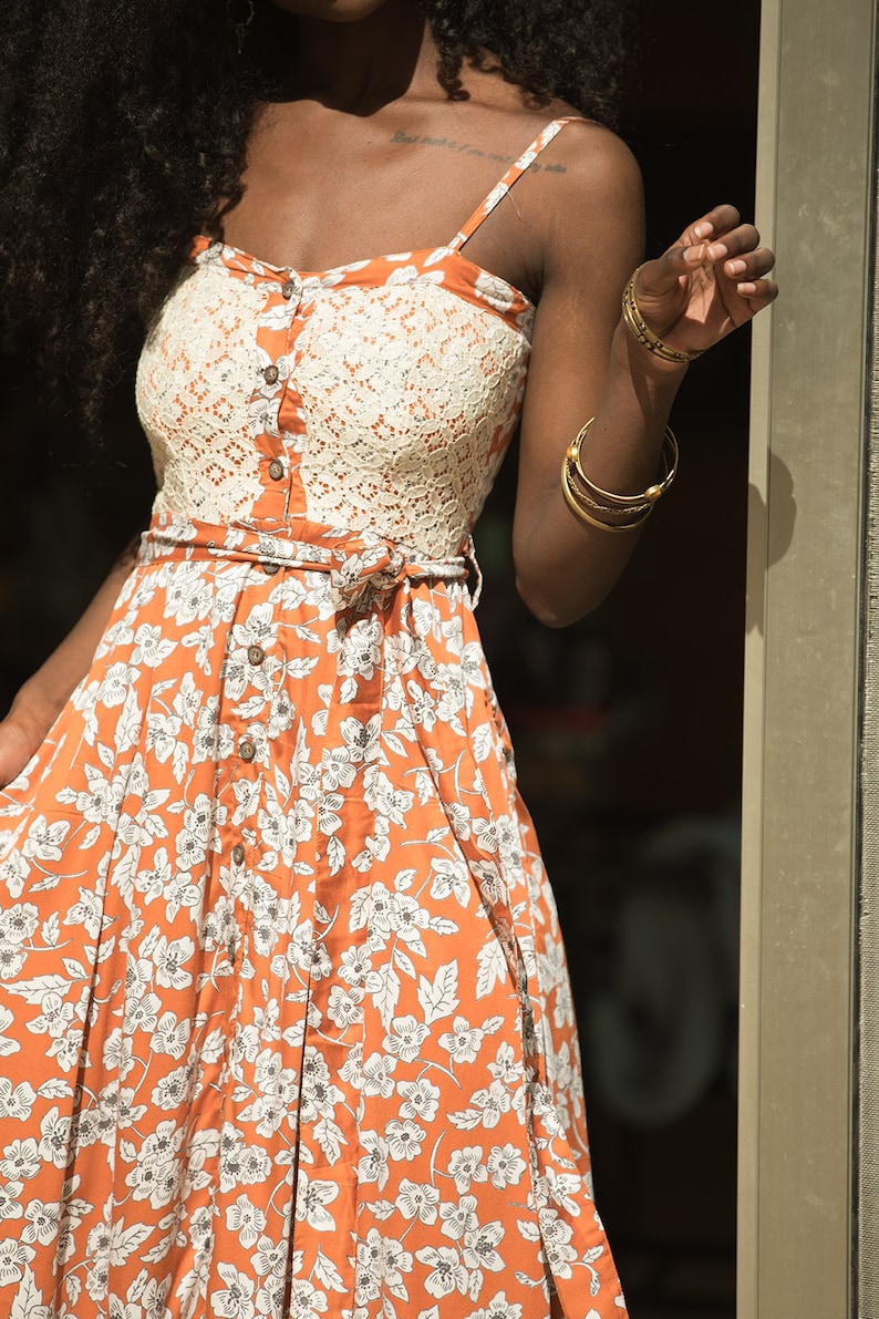 Burnt Orange High Waist Floral Summer Dress Rayon and Lace Etsy