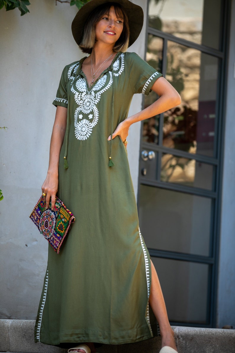 Long Summer Olive Green Kaftan Dress Boho Chic Moroccan | Etsy