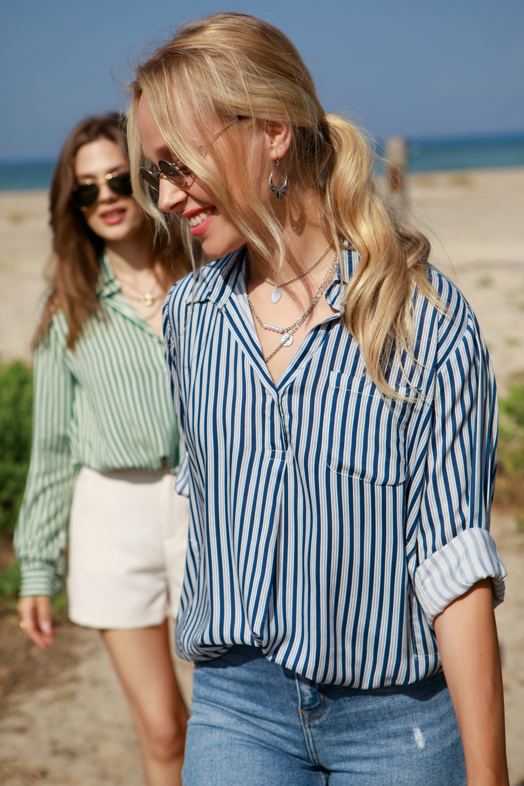 Blue Striped Oversize Boyfriend Beach Tunic Shirt Dress Blue Striped Oversize Boyfriend Beach Tunic Shirt Dress