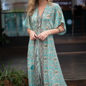 Turquoise Gold Floral Silky Kaftan Summer Dress, Women Resort Vacation Beach Dress, Long Ethnic Bohemian Loose High Waist Draw String Dress image 4