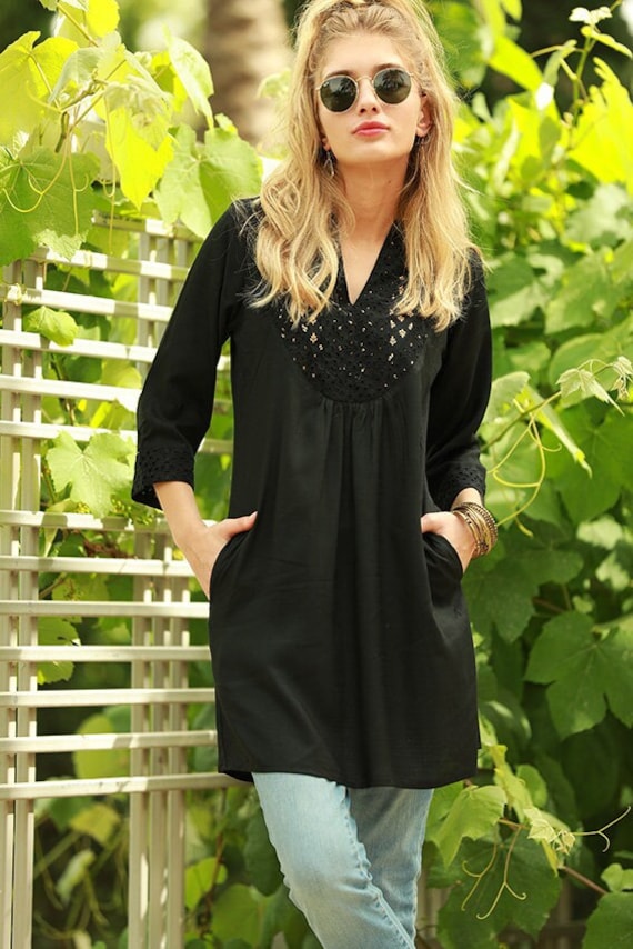 black embroidered tunic dress Striking Black Boho Tunic Dress with Geometric Embroidery