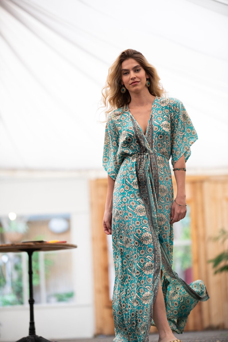 Vacation Maxi Beach Dress, Silky Kaftan Summer Party Oversize Dress, Women Beach Wear, Long Tribal Loose Aqua & Gold Dress, Resort Dress 