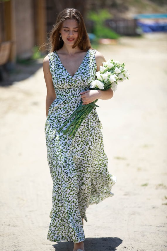 green maxi dress with white flowers Green & White Toile Cotton Linen Maxi Dress - All Dresses
