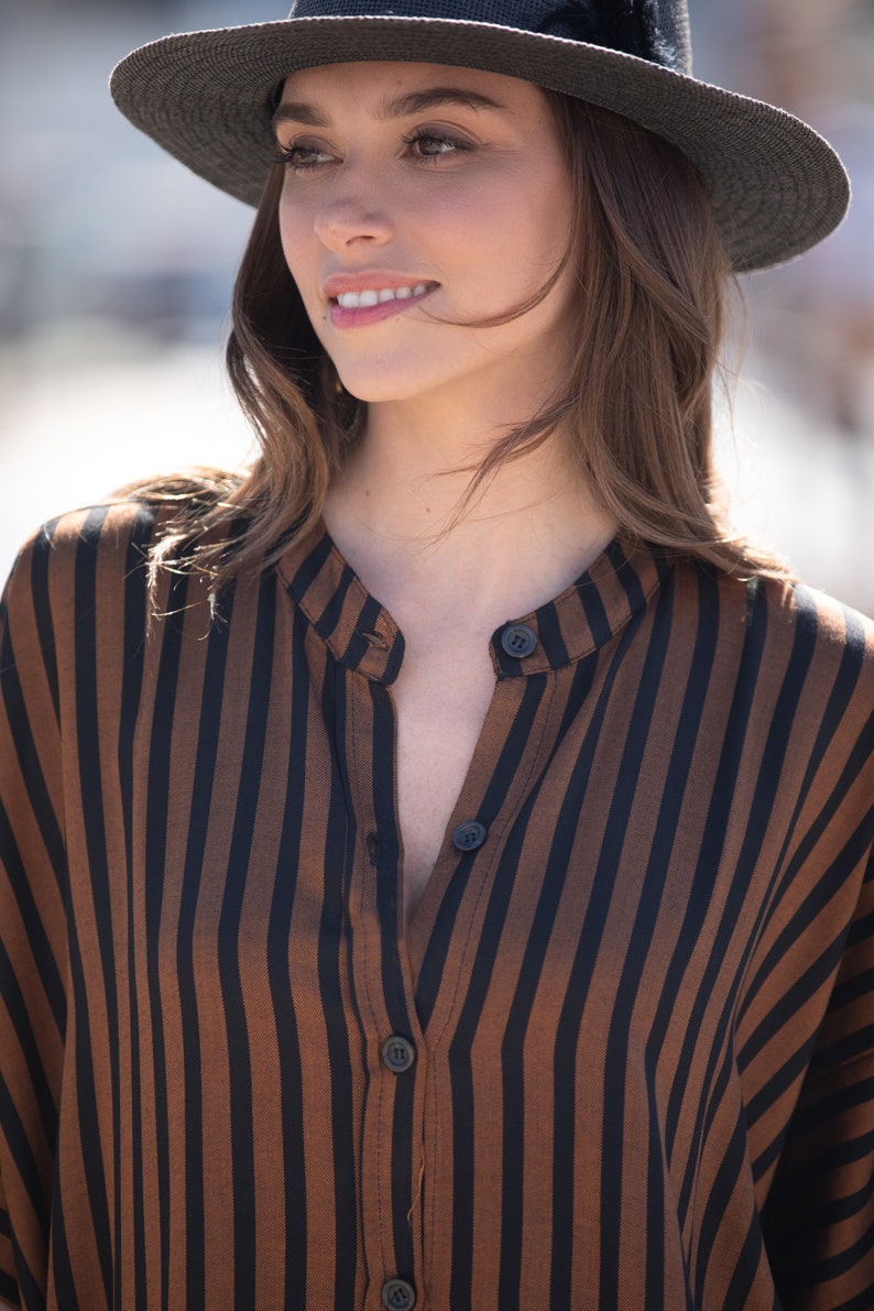 Brown Black Striped Oversize Summer Kaftan Dress, Bohemian Trendy Buttoned Down Caftan Maxi Dress with Pockets image 4