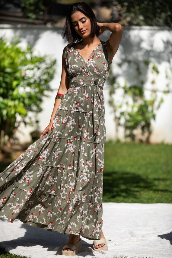 olive green boho maxi dress