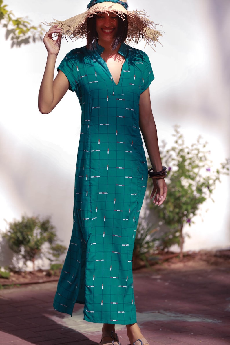Boho Rayon Loose Nur Dress Turquoise Kaftan Maxi Dress Ethnic Casual Light Summer Caftan Dress with Pockets