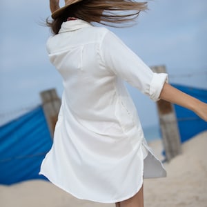 Cream Beach Tunic Dress, Long Sleeves Cover Up Dress, Shirt Collared Dress for Women, Vacation Resort Long Sleeves Dress image 3