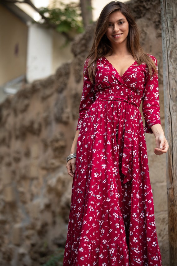 Vestido maxi de invierno rojo cereza para mujer vestido maxi - Etsy España