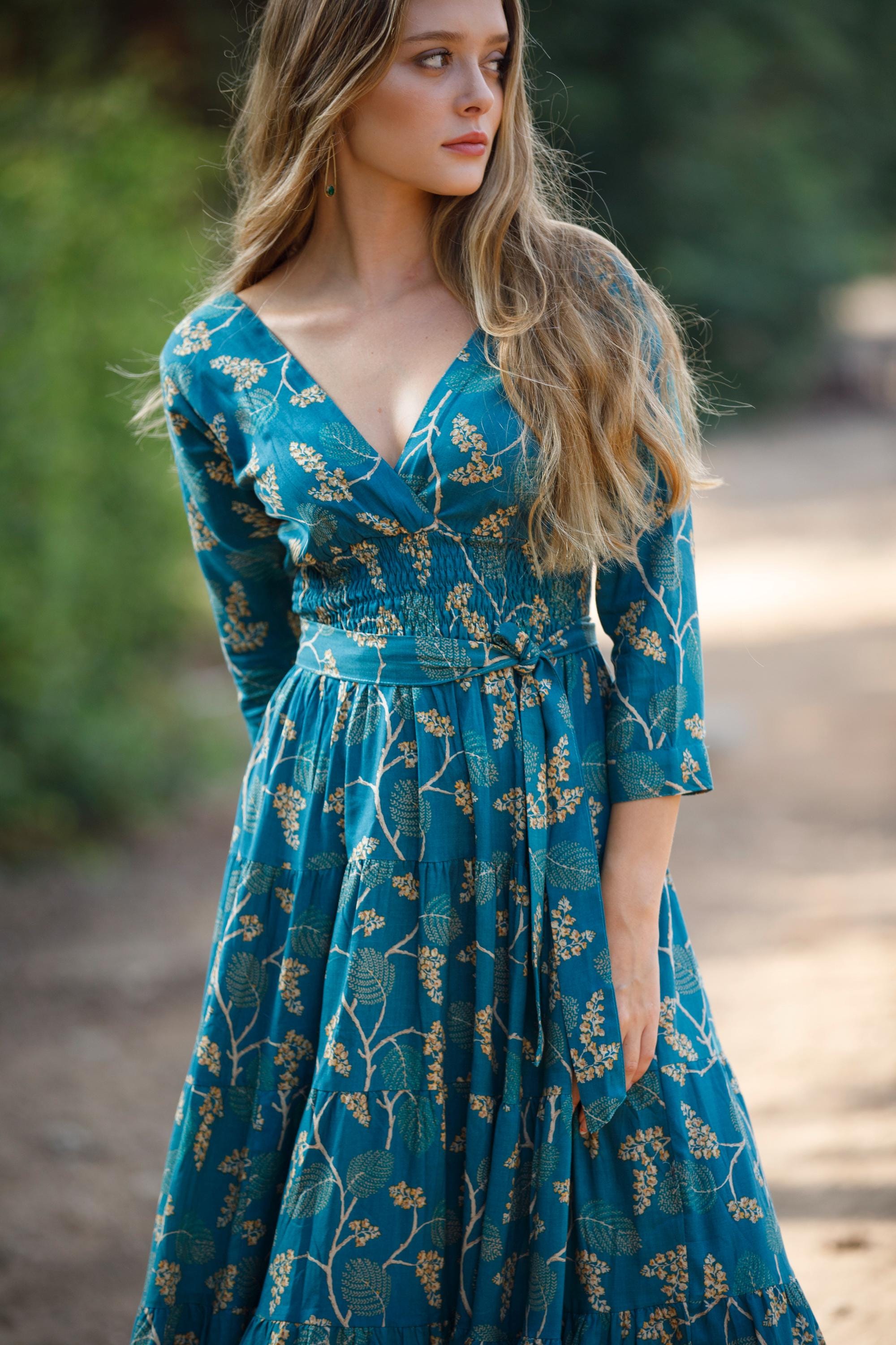 bohemian empire dress Empire Waist Boho Dress for Women, Short Sleeve V Neck Bohemian Summer Maxi Dresses, Floral Printed Summer 2024 Flare and Fit Dresses at Amazon Women's Clothing store