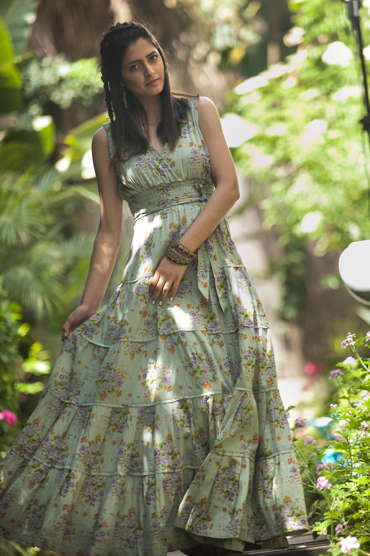 Green Floral Maxi Dress: Boho Cotton Summer Dress