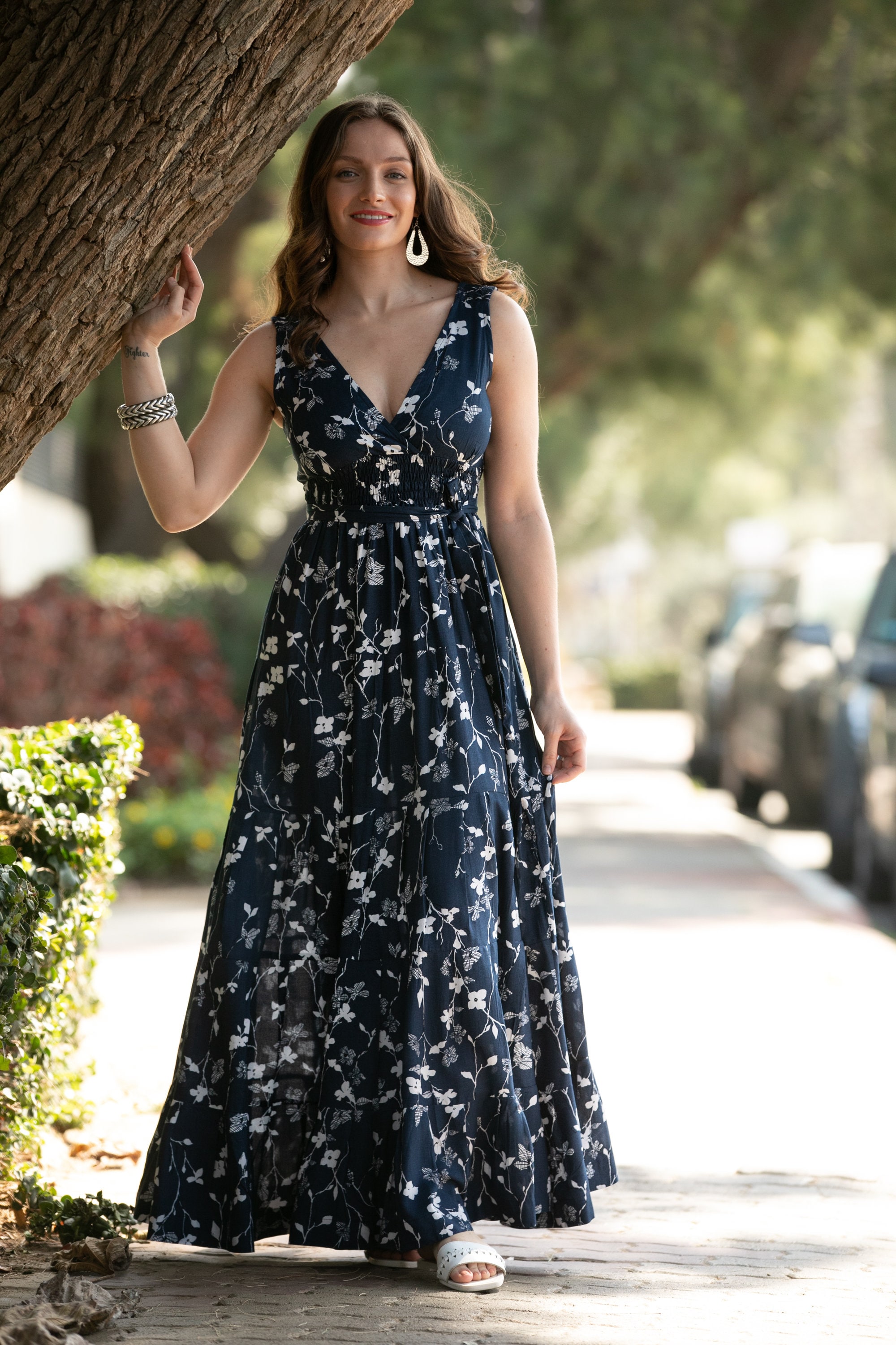 Green Floral Navy Blue Floral Bridesmaid Dresses Floral Square-neck Satin  A-line Maxi Bridesmaid Dress