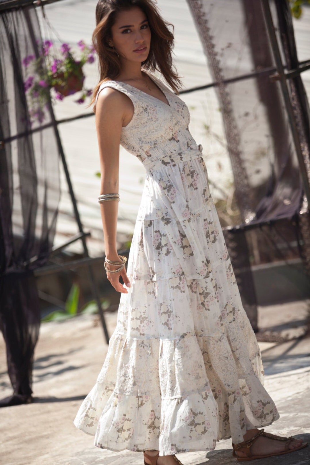 Stormi Charming V-neck Lace Trimmed Floral Print Dress