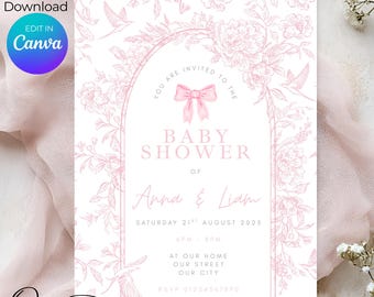 Vintage Dusty Pink Bow Floral Toile Baby Shower Invitation Template, Elegant Chinoiserie Coquette Bow, Cottagecore, Edit in Canva